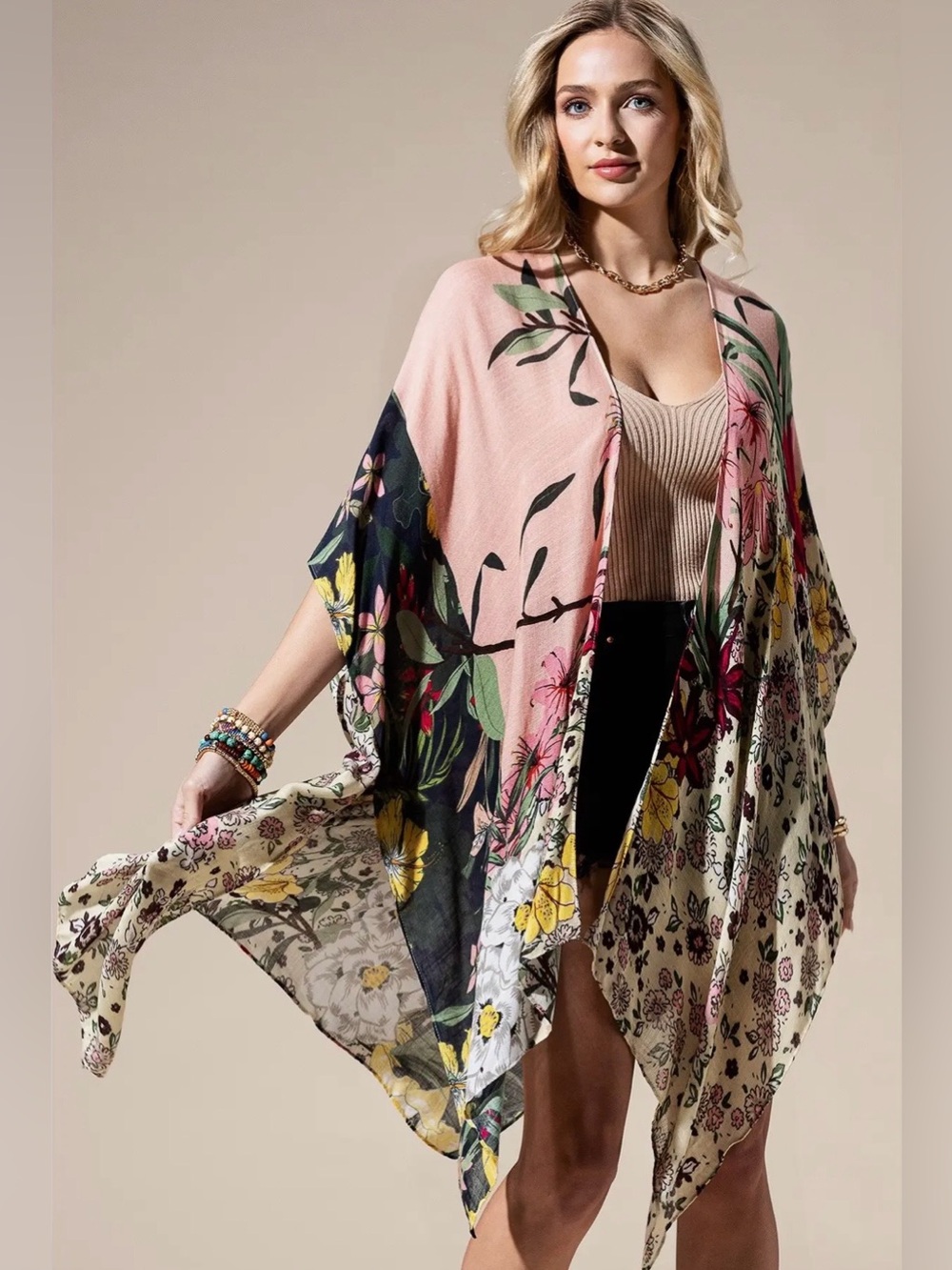 Zephyrlily Floral Garden Kimono Duster | Pink Black | OS